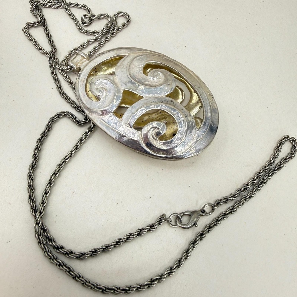 Oval Filigree Scroll Pendant Necklace Bold Statement Long Length Silver Tone - Picture 7 of 8